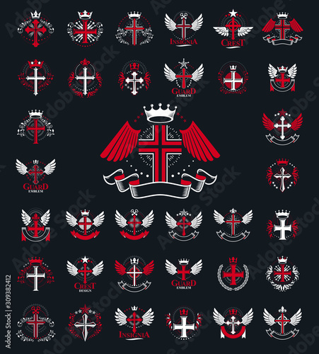 Vintage Christian crosses vector logos or emblems, heraldic design elements big set, classic style heraldry religion symbols, antique designs.