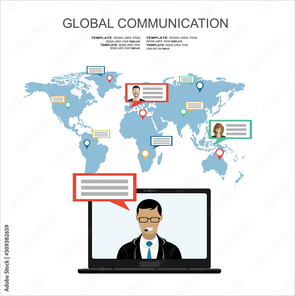 Picture of a man on laptop's screen with world map on background. Global communication,internet communication technology concept. Flat style template for web banners,printed materials,infographics. Picture of a man on laptop's screen with world map on background. Global communication,internet communication technology concept. Flat style template for web banners,printed materials,infographics.