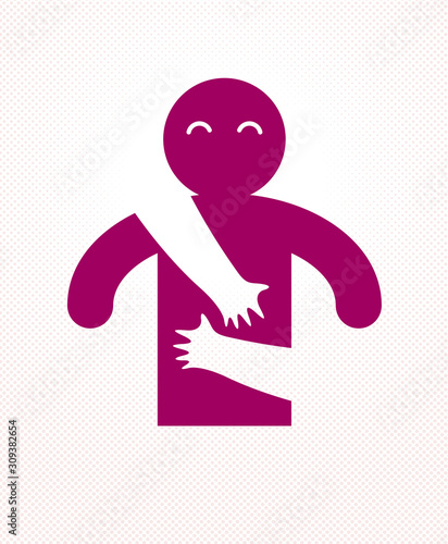 Loved man with care hands of a lover woman hugging and caresses his chest, vector icon logo or illustration in simplistic symbolic style.