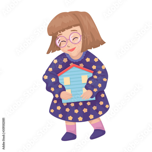 The little girl the child holds the house in hand. Symbol or logo of orphanage or adoption. Vector illustration