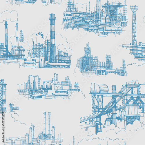 Chemical plant, the production of polymers, hand-drawn Vector seamless pattern.