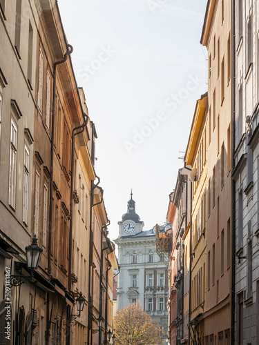  V kotcich, a narrow street with medieval buildings and cobblestones in the old town of Prague, also called Stare mesto. it is a major landmark of the city center of Prague