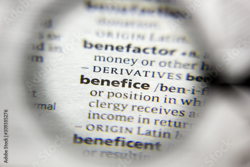 The word or phrase Benefice in a dictionary. photo