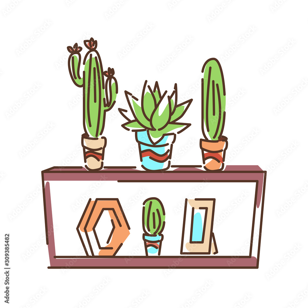 Shelf with cactus color line icon. Standing furniture with horizontal shelves, used to store books, plants, decorations etc. Pictogram for web page, mobile app, promo. UI UX GUI design element. Shelf with cactus color line icon. Standing furniture with horizontal shelves, used to store books, plants, decorations etc. Pictogram for web page, mobile app, promo. UI UX GUI design element.