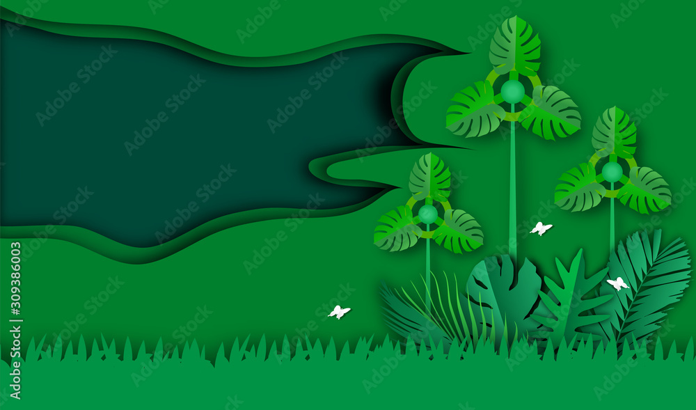 Green frame of paper art style with turbine and leaves pattern for nature background,tropical leaf tree textured, conservation energy and fresh air concept,vector or illustration style