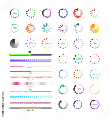 Progress loaders and soundbars icons set, colorful vector illustration isolated.