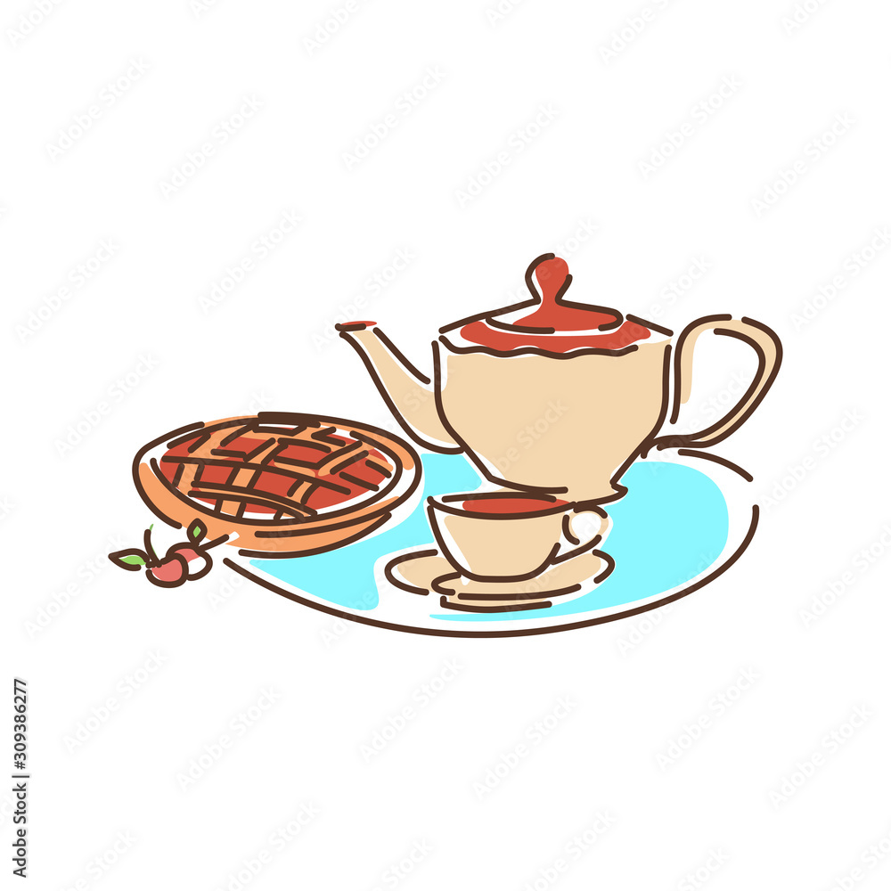 Tea time color line icon. The time at which the tea meal is usually eaten,  which
