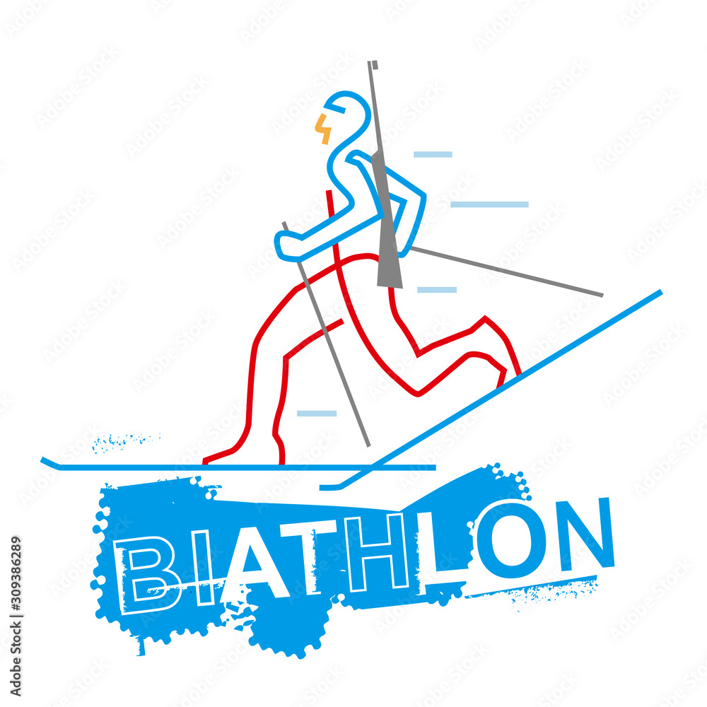 Biathlon racer, line art stylized. Illustration of biathlete with inscription BIATHLON. Isolated on white background. Vector available