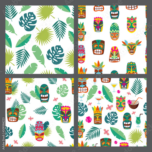 Set of seamless patterns with Tiki mask and leaves, flat vector illustration.