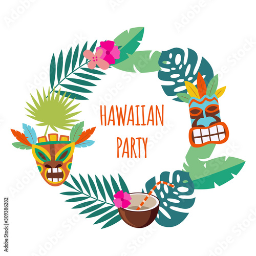 Hawaiian party banner with leaves and mask flat vector illustration isolated.