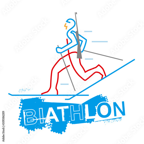  Biathlon racer, line art stylized. Illustration of biathlete with inscription BIATHLON. Isolated on white background. Vector available