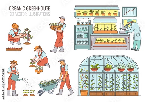 Organic greenhouse with farmers, sketch vector illustrations set isolated.