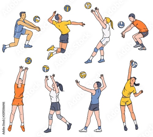 Volleyball players - men and women set of sketch vector illustration isolated.