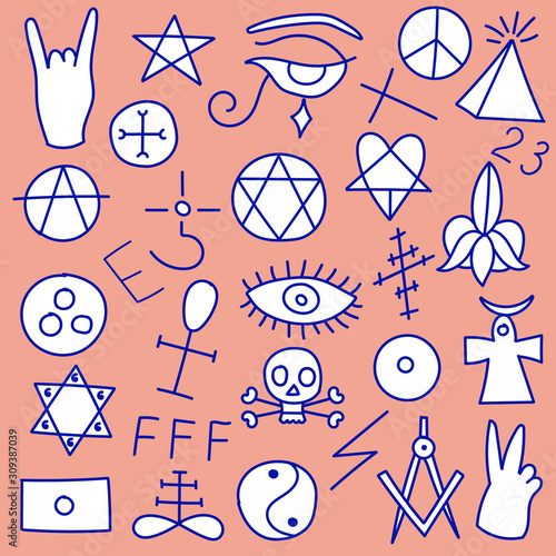 Set of sinister symbols of satanic occultism. Devilish mystical magic signs of Freemasonry. Vector editable illustration
