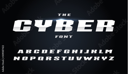 Cyber style letters set. Bold italic steel alphabet with slant. Font for fast and power effect, auto sport and new technology design. Vector typography design on black background.