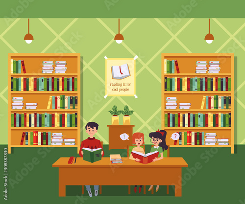 Children in library on interior with bookshelves background flat illustration.