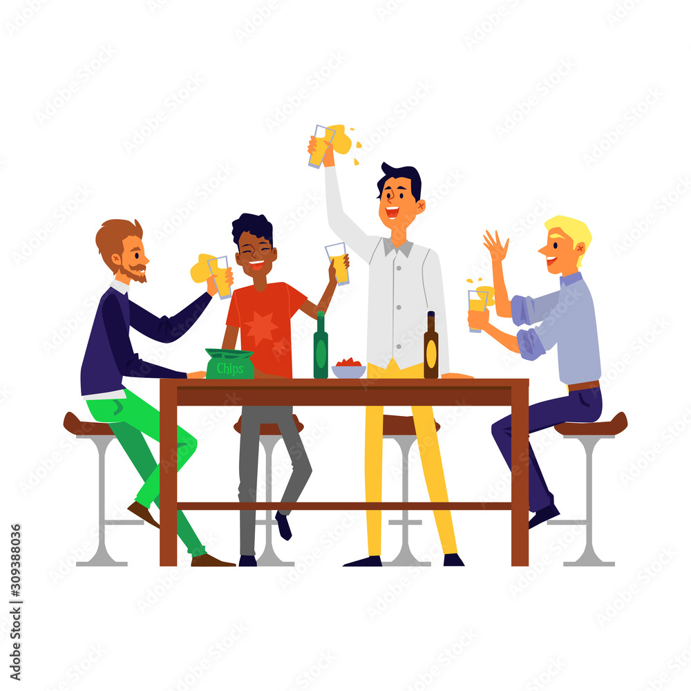Male friends drinking beer - isolated cartoon men sitting behind bar table