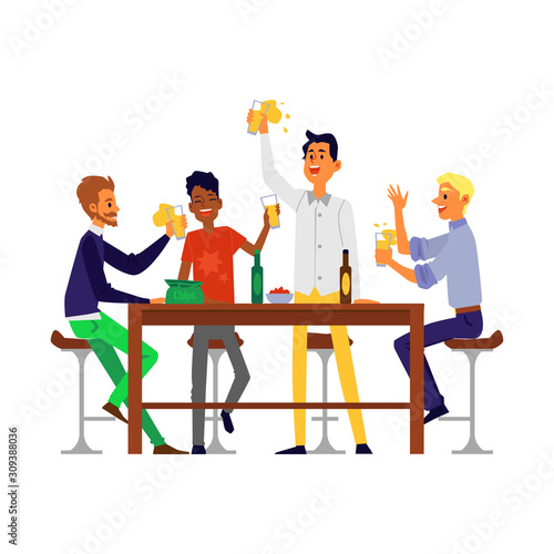 Male friends drinking beer - isolated cartoon men sitting behind bar table
