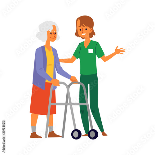 Nursing home nurse taking care of senior lady flat vector illustration isolated.