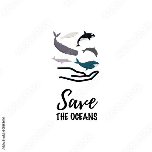Template card with text Save The Oceans. Icons of different whales and dolphins on hand. Cute sea animals.