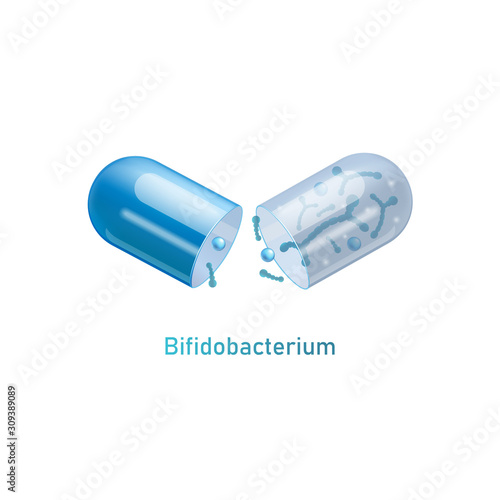 Bifidobacterium - blue probiotic capsule split open with microorganisms spilling out.