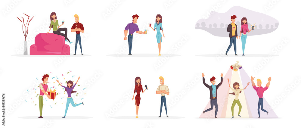 Young people having fun cartoon characters set. Happy friends partying flat vector illustrations pack. Cheerful men and women drinking and talking, sharing presents, taking pictures and dancing