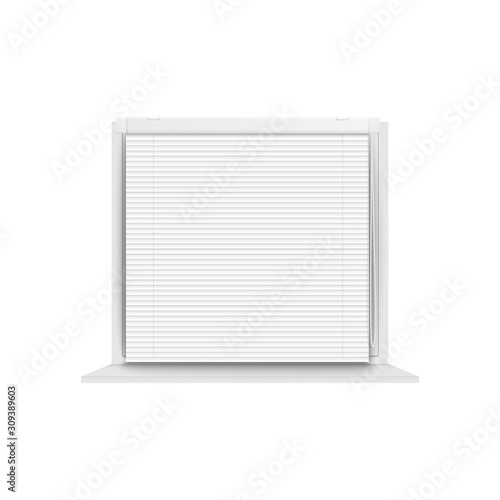 Window closed with plastic blinds realistic vector illustration mockup isolated.