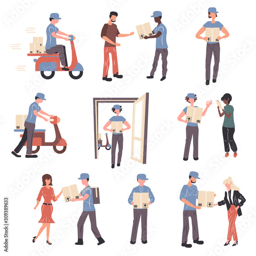 Postal office workers and clients characters set. Parcels express delivery service flat vector illustrations pack. Young people receiving packages. Couriers delivering orders to customers