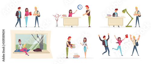 Happy high school students cartoon characters set. Young cheerful people, diligent college pupils flat vector illustrations pack. Smart university students studying, Academic education design elements
