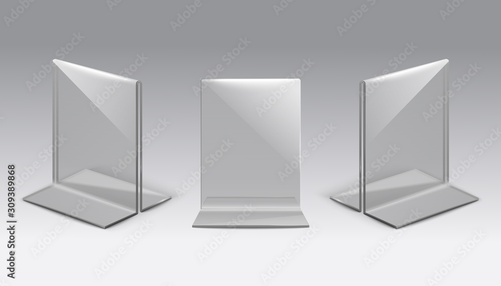 Plastic table stand or tent realistic vector illustrations mockup set