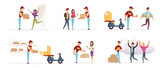 Pizzeria workers and customers characters set. Couriers delivering tasty pizza flat vector illustrations pack. Satisfied customers receiving orders. Fast food transportation service design elements