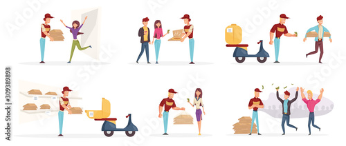 Pizzeria workers and customers characters set. Couriers delivering tasty pizza flat vector illustrations pack. Satisfied customers receiving orders. Fast food transportation service design elements