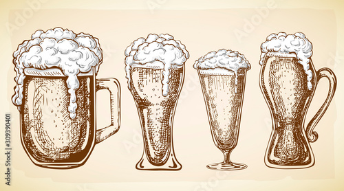 Vector hand drawn full beer glasses with dropping froth. beer mugs illustration in vintage style isolated on grunge background. various types of beer pints. Great for poster, pub, label, menu design.