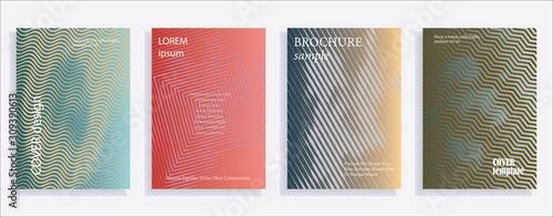 Minimalistic cover design templates. Set of layouts for covers of books, albums, notebooks, reports, magazines. Line halftone gradient effect, flat modern abstract design. Geometric mock-up texture