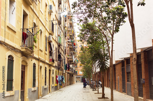 One of the courtyards between two residential buildings in the area of Barceloneta  Barcelona  Spain