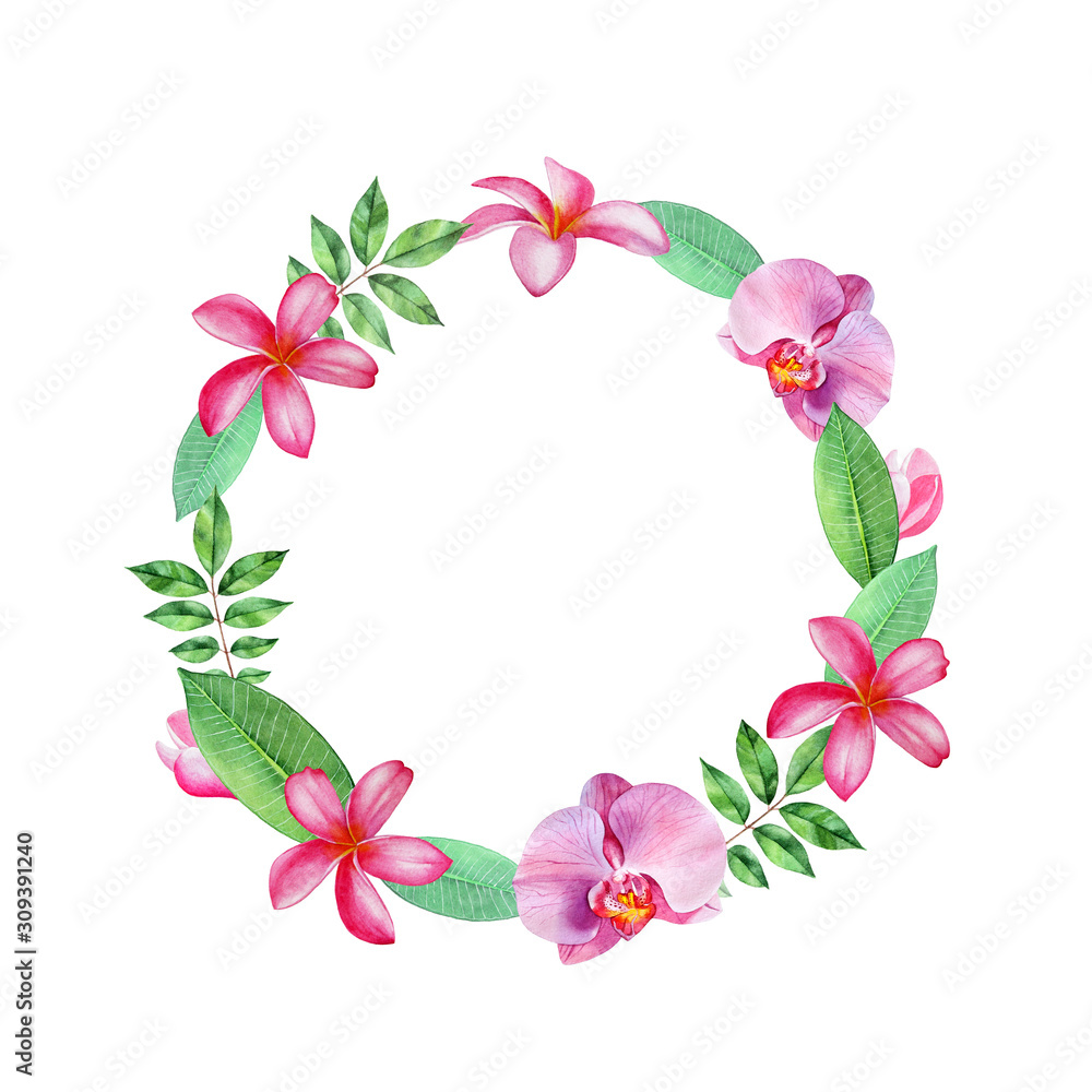 Greeting card with space for text. Tropical flowers and leaves. Watercolor illustration, hand drawing. Flowers plumeria and orchid on white background.