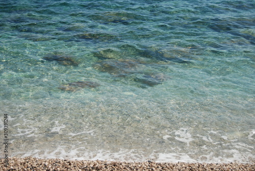 Beautiful blue wanter in the sea with small waves on the beach photo