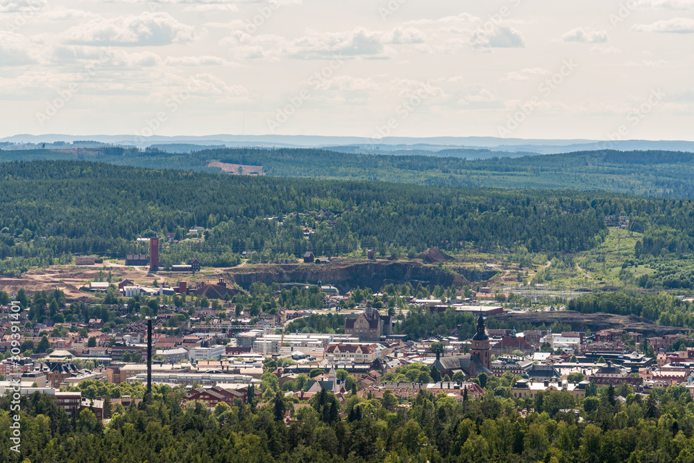 Aerial view of the Swedish mining town Falun, from the top of the ski jumping tower