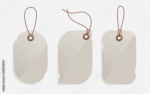 Realistic gold glass price tag. Glass label, paper sale tags mockup blank labels template shopping gift empty stickers with ropes tags vector set