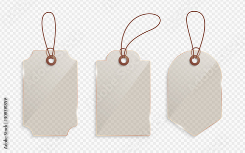 Realistic gold glass price tag. Glass label, paper sale tags mockup blank labels template shopping gift empty stickers with ropes tags vector set