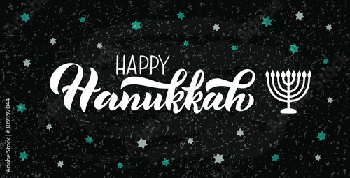 Happy Hanukkah holiday lettering with menorah, isolated on white. Hand drawn vector typographic design with modern calligraphy. Happy Hanukkah logotype, badge and icon typography. EPS 10