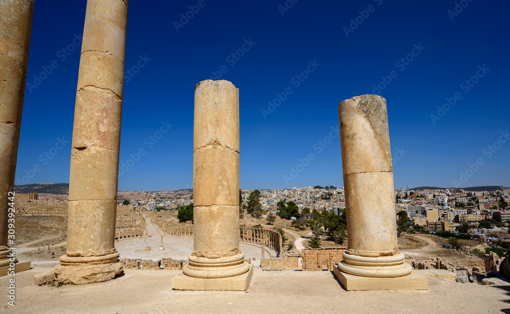 Columns at ruins of Ancient Roman City Gerasa In Jerash, Jordan