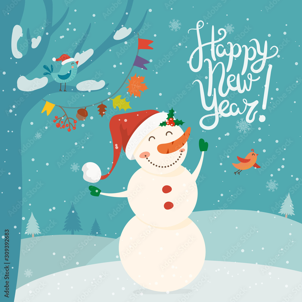 Cartoon illustration for holiday theme with happy snowman on winter background with trees and snow. Greeting card for Merry Christmas and Happy New Year. Vector illustration. Cartoon illustration for holiday theme with happy snowman on winter background with trees and snow. Greeting card for Merry Christmas and Happy New Year. Vector illustration.
