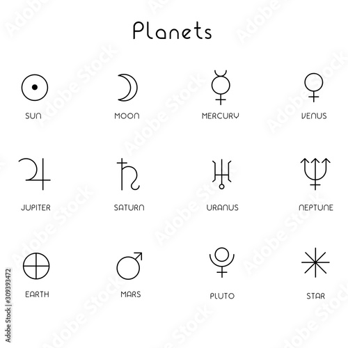 Planets in line art black and white color