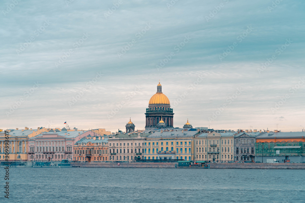 Panorama on Saint Petersburg Main Sight Saint Isaac's Cathedral. Distant View From River Neva. Beautiful St Petersburg At Any Season