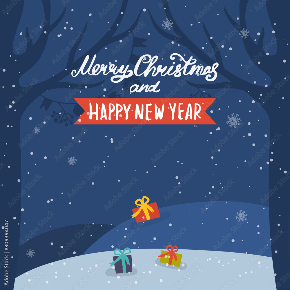 Fototapeta premium Cartoon illustration and text for holiday theme on winter background with trees and snow. Greeting card for Merry Christmas and Happy New Year. .Vector illustration.