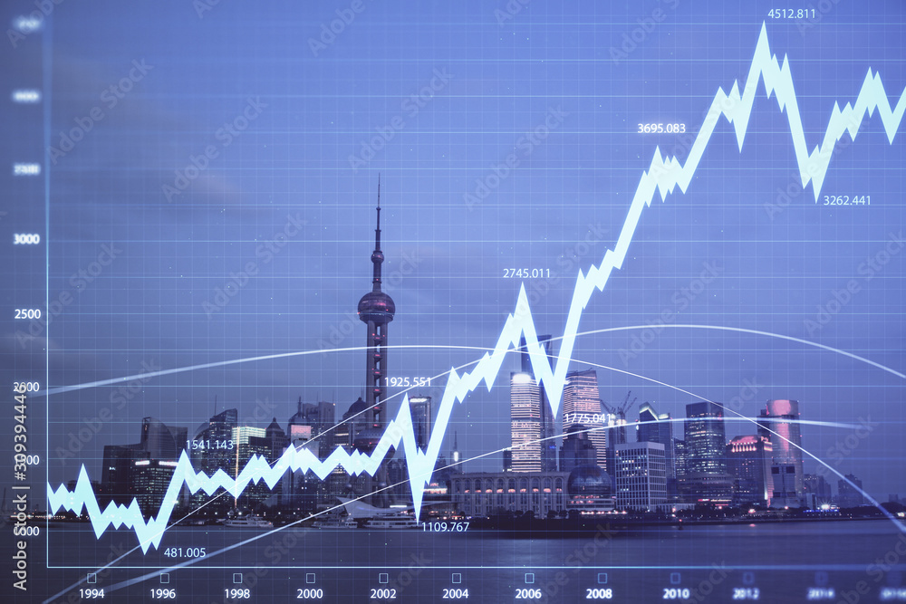 Obraz premium Forex chart on cityscape with tall buildings background multi exposure. Financial research concept.