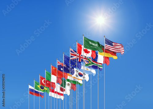 Waving flags countries of members Group of Twenty. Big G20 21–22 November 2020 in the capital city of Riyadh, Saudi Arabia. Blue sky background. 3d rendering.  Illustration.