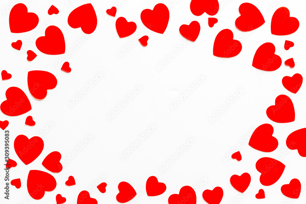 Valentine's Day design. Red hearts frame on white background top-down copy space