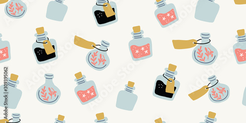 Seamless pattern - colorful magic potion bottles 